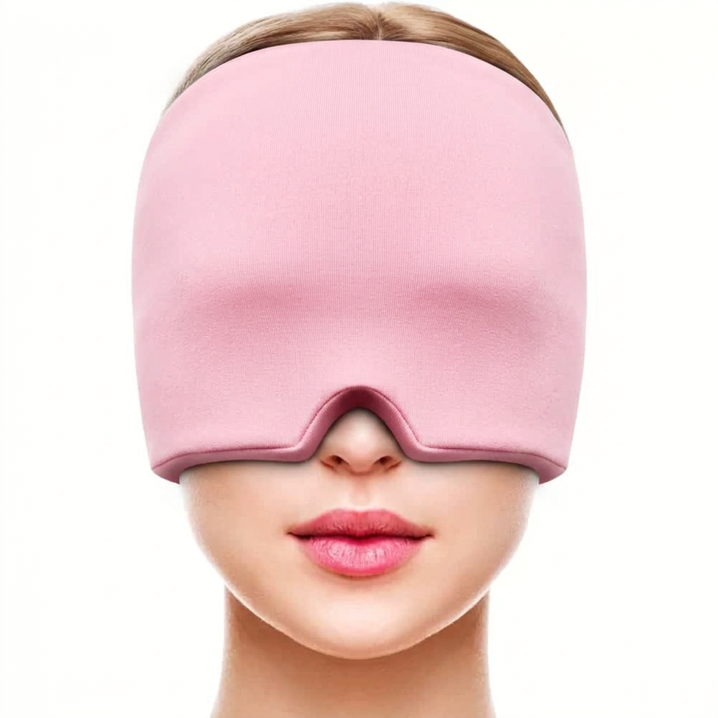 Touca de alívio da enxaqueca ZeVura shop rosa em modelo feminino (frente)